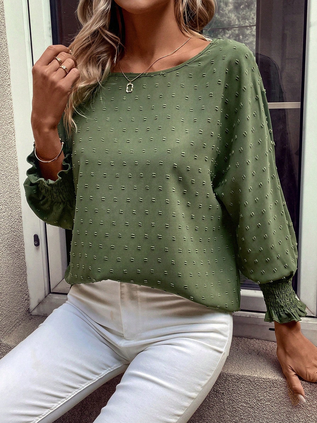 Blusa jacquard con puño fruncido